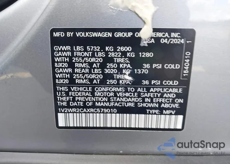 2024 Volkswagen Atlas 2.0T Se W/Technology из США, поврежденный, VIN 1V2WR2CAXRC579010